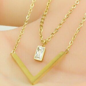 Yellow Gold Double Layer V Pendant Necklace, XPNL0359